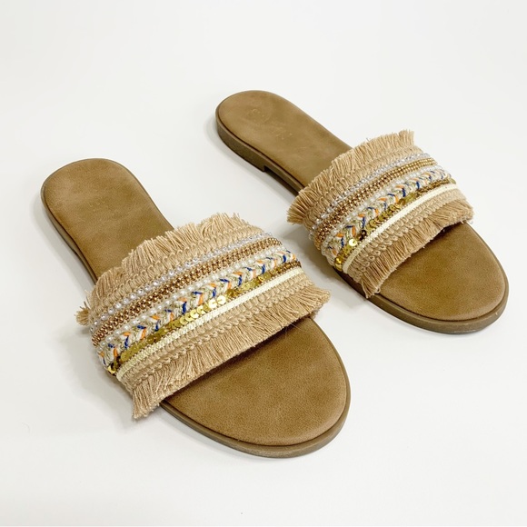 SHEIN Fabric Slides, Embellished Fringed Upper, Tan, Size 9 - Picture 1 of 6